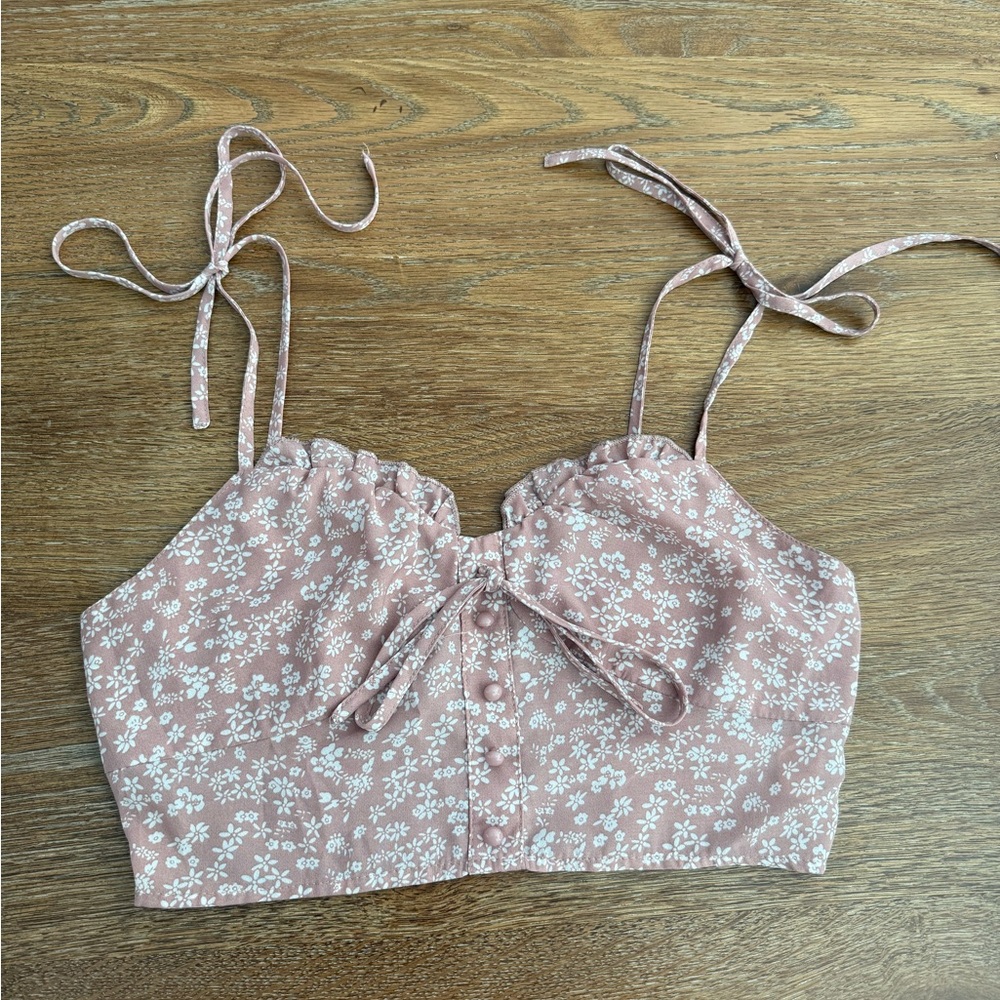 SHEIN Pink Floral Tie-Strap Crop Top